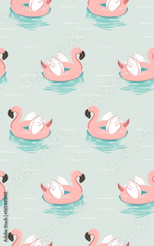 Hand drawn vector abstract summer time fun seamless pattern with pink flamingo float swimming pool buoy circle isolated on blue water background.