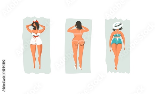 Hand drawn vector retro cartoon summer time fun illustrations collection set with lazy lying sunbathing girls on beach isolated on white background