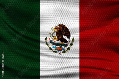 National flag of Mexico on wavy fabric with a volumetric pattern of hexagons. Vector illustration.