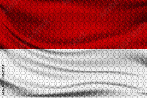 National flag of Indonesia and Monaco on wavy fabric with a volumetric pattern of hexagons. Vector illustration.