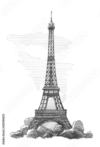 Eiffel Tower, Paris. Graphic linear tonal drawing by slate pencil. Isolated on white background