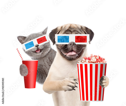Funny puppy and kitten in the 3d glasses with popcorn basket and cola. isolated on white background