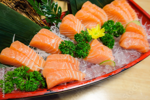 Salmon sashimi in Japanese style fresh serve on ice