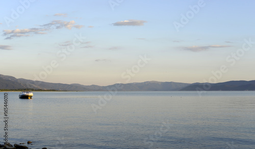 dusk scene over lake prespa in macedonia,
