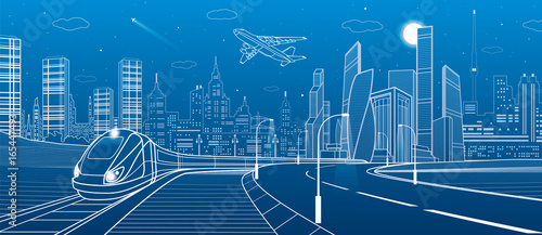 Infrastructure transportation panoramic. Train rides. Towers and skyscrapers. Urban scene, modern city on background, industrial architecture. White lines, vector design art 