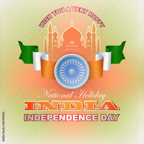 Holiday design, background with 3d texts, national flag colors and spinning wheel, for fifteenth of August, India Independence day, celebration