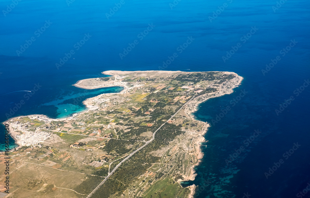 Aerial view of Comino with Blue lagoon . Gozo Malta