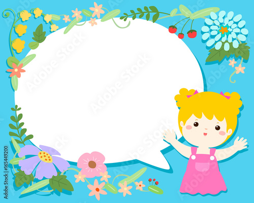 Cute girl with blank speech bubble flower illustration background vector.