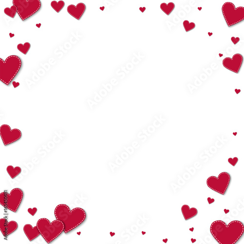 Red stitched paper hearts. Corner frame on white background. Vector illustration.