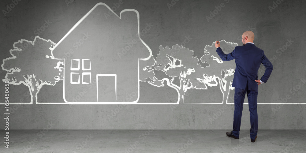 Businessman drawing sketch house plan project on a wall 3D rendering Businessman drawing sketch house plan project on a wall 3D rendering