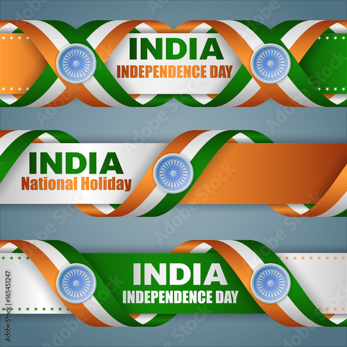 Set of web banners with texts, spinning wheel and Indian flag colors for fifteenth of August, India Independence day, celebration; Vector illustration
