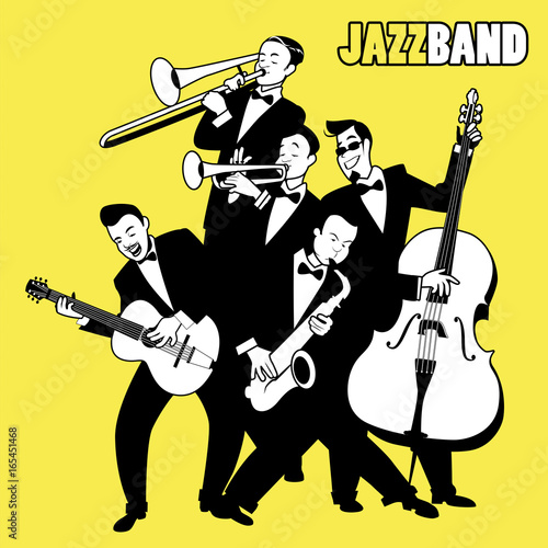 Jazz Band. Five jazz players playing jazz music. Cartoon Style