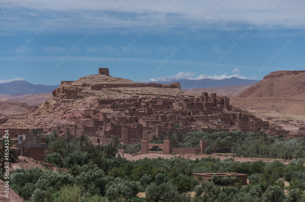 Panorama of Kasbah Ait Ben Haddou in the Atlas Mountains of Morocco. Medieval fortification city, UNESCO World Heritage Site.