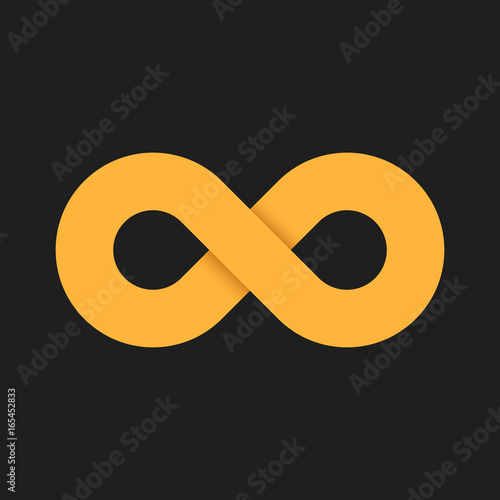 The symbol of infinity of yellow color is isolated on a black background. Flat 3d style. Soft shadows. The eternal way