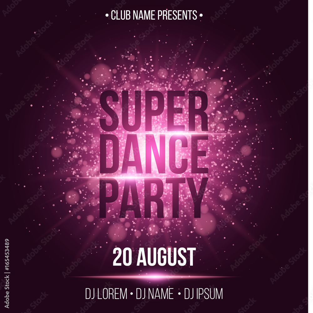 Super dance party. Luxurious invitation card. Purple flash with purple dust. Night party. Enter your DJ and club name. Poster for your project. Purple glare bokeh