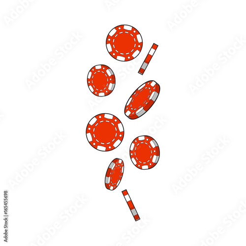 Set of falling red gambling, casino, poker chips, sketch style vector illustration isolated on white background. Gambling chips falling down on white background
