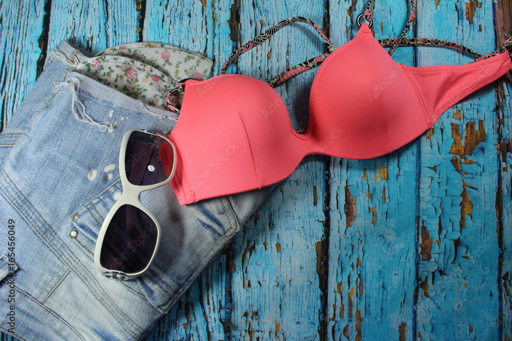 Summer collage jeans shorts, bikini bra and sunglasses/ Jeans shorts