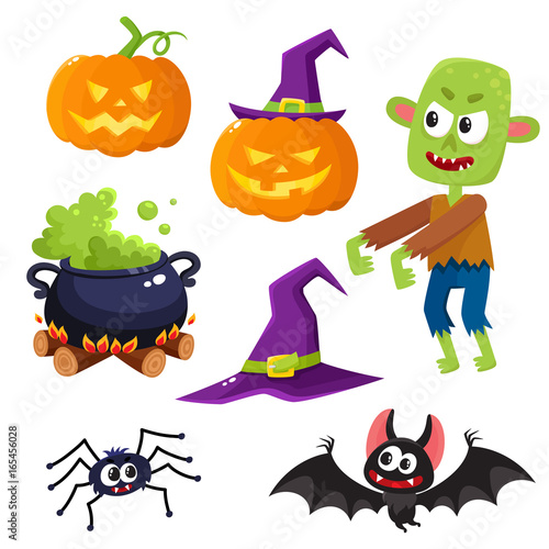 Halloween set - pointed hat, caldron, jack o lantern, spider, bat, zombie, decoration elements, cartoon vector illustration isolated on white background. Set of cartoon Halloween objects, decorations