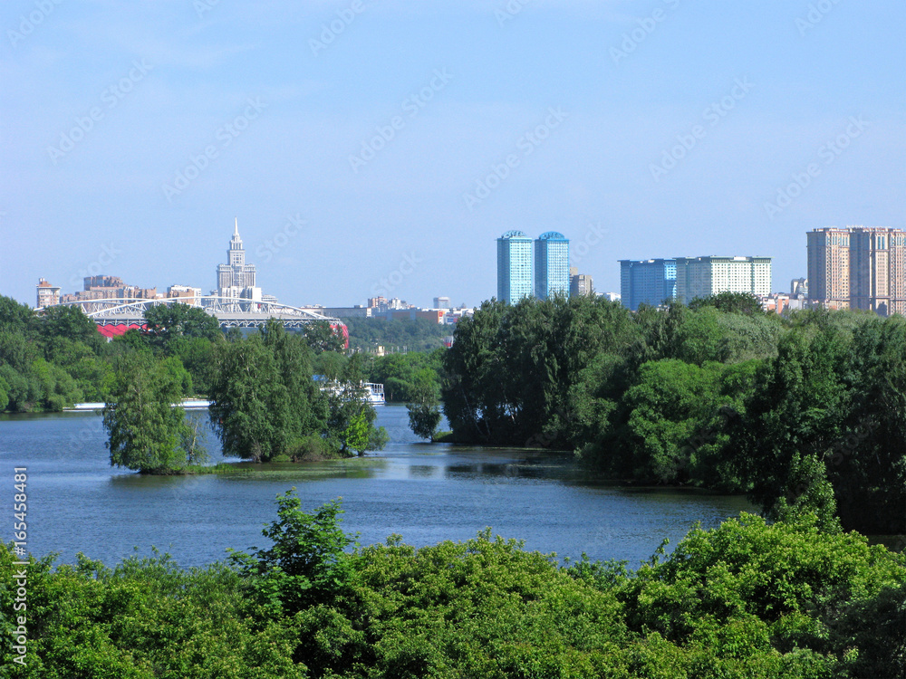 Moscow river, Russia. Cityscape of Moscow with skyscapers and landcape of Moscow river.