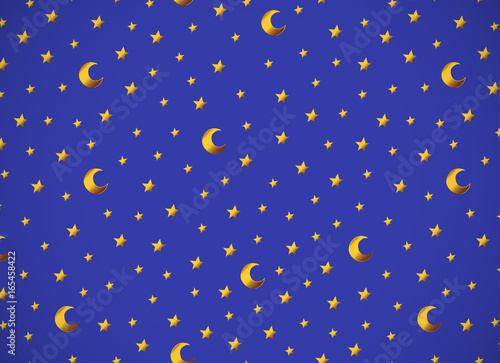 Horizontal card. Pattern with gold cartoon stars and moons on blue background.
