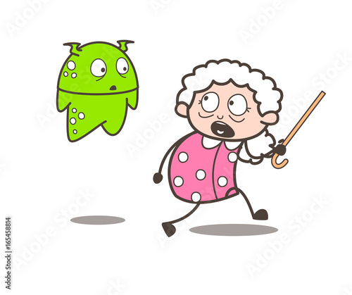 Cartoon Scared Granny with Alien Vector Illustration