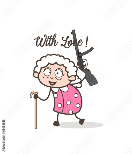 Cartoon Granny Holding a Gun Vector Illustration