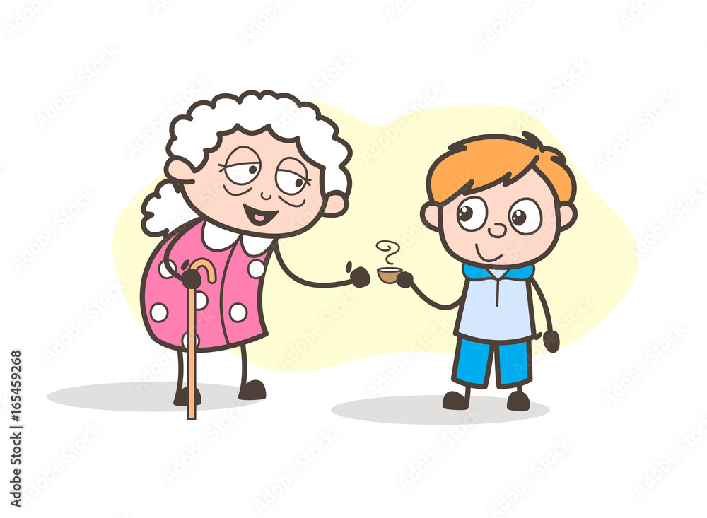 Cartoon Grandson Presenting Hot Tea to His Grandmother Vector Illustration Cartoon Grandson Presenting Hot Tea to His Grandmother Vector Illustration
