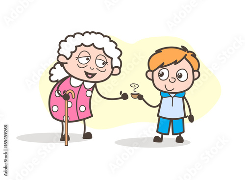 Cartoon Grandson Presenting Hot Tea to His Grandmother Vector Illustration