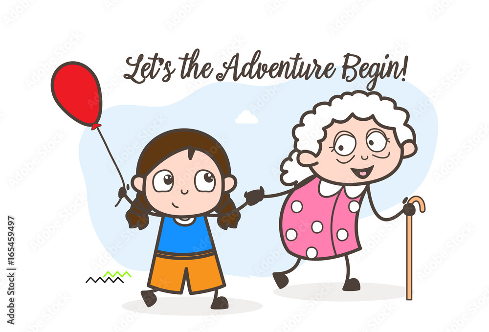 Cartoon Kid Playing with Old Age Home Woman Vector Illustration Cartoon Kid Playing with Old Age Home Woman Vector Illustration