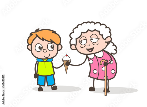 Cartoon Granny with Presenting Ice cream to Her Grandson Vector Illustration