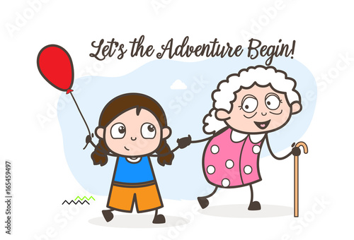 Cartoon Kid Playing with Old Age Home Woman Vector Illustration
