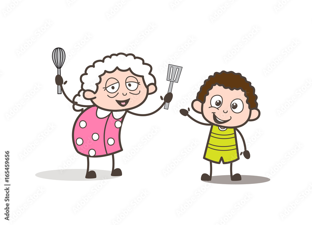 Cartoon Funny Granny Playing with Little Grandson Vector Illustration Cartoon Funny Granny Playing with Little Grandson Vector Illustration