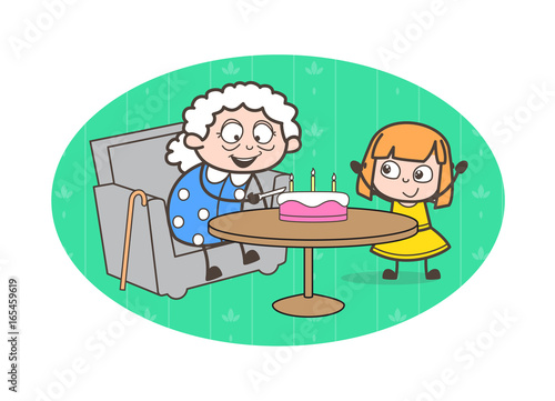 Cartoon Grandmother Celebrating Birthday with Granddaughter Vector Illustration