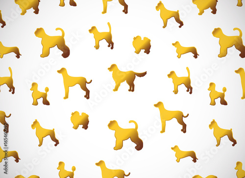 Horizontal card. Pattern with cute cartoon gold dog silhouettes. Different breeds.