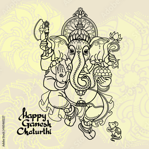 Hindu God Ganesha. Hand drawn Vector illustration.