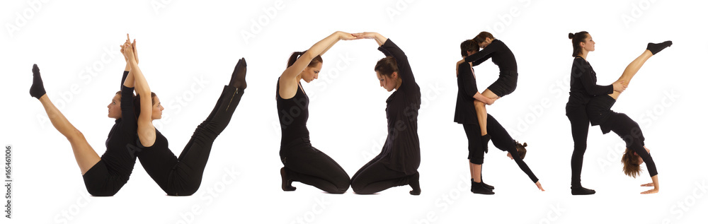 Black dressed people forming WORK word over white Black dressed people forming WORK word over white
