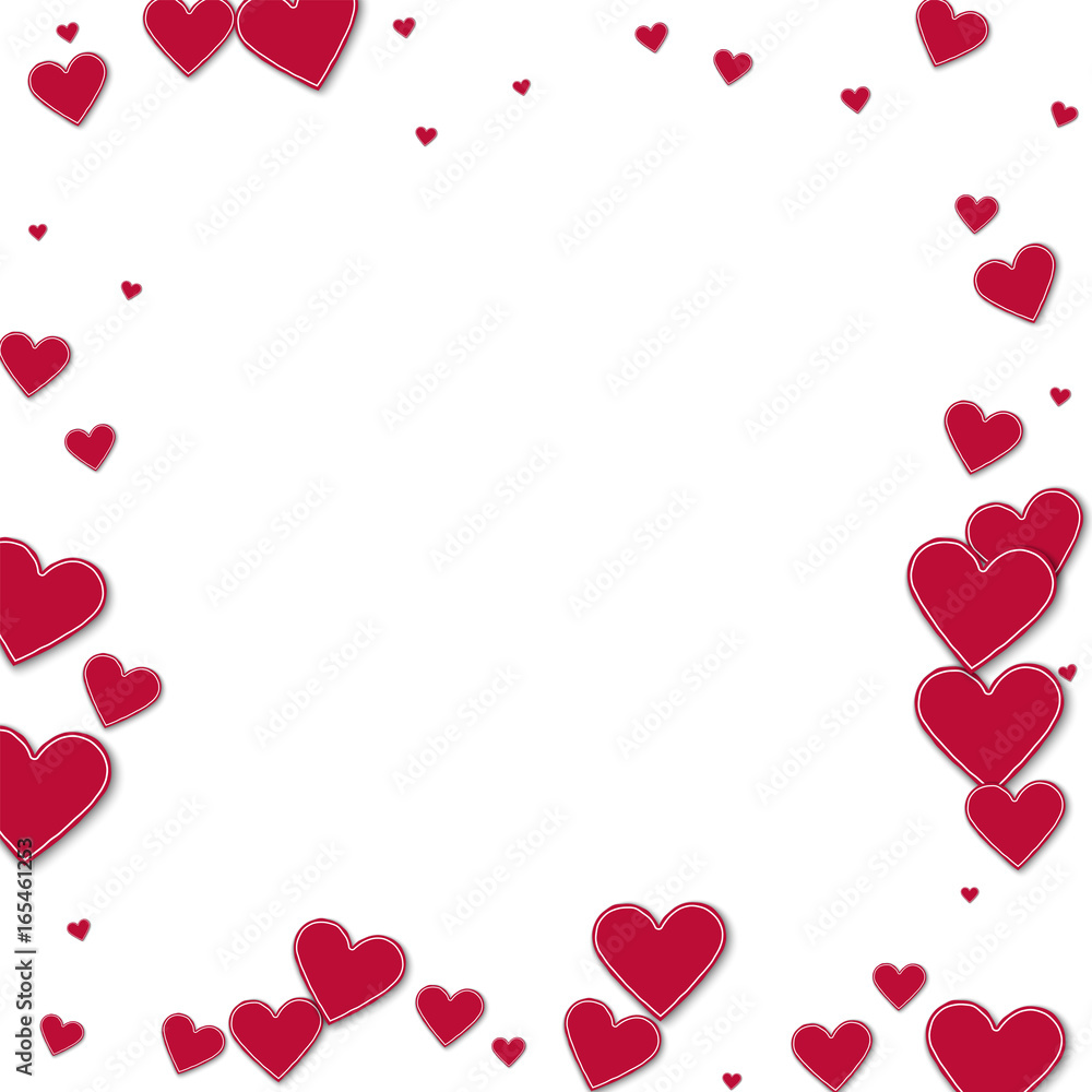 Cutout red paper hearts. Chaotic border on white background. Vector illustration.