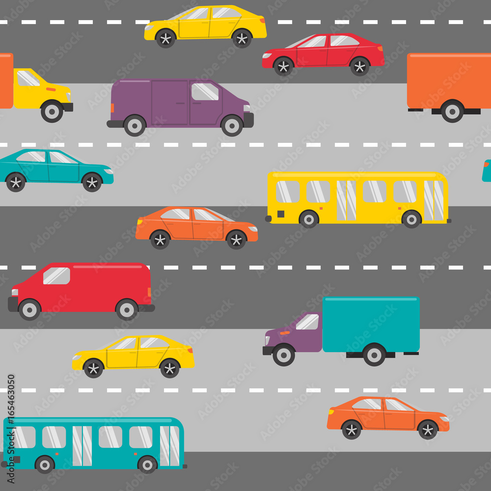 Naklejka premium Flat style seamless pattern with city transportation. Urban transport - cars, trucks and buses on the road.