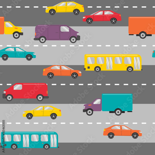 Flat style seamless pattern with city transportation. Urban transport - cars, trucks and buses on the road.