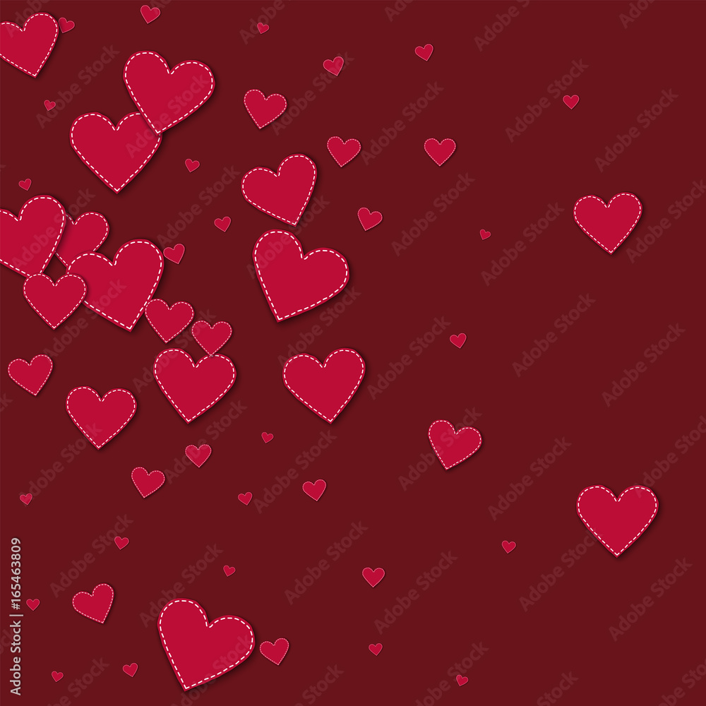 Red stitched paper hearts. Left gradient on wine red background. Vector illustration.