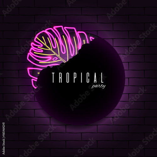 Glowing neon exotic tropical leaf dark background