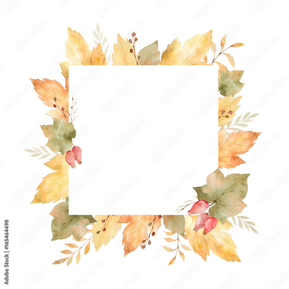 Fototapeta Watercolor square frame of leaves and branches isolated on white background.