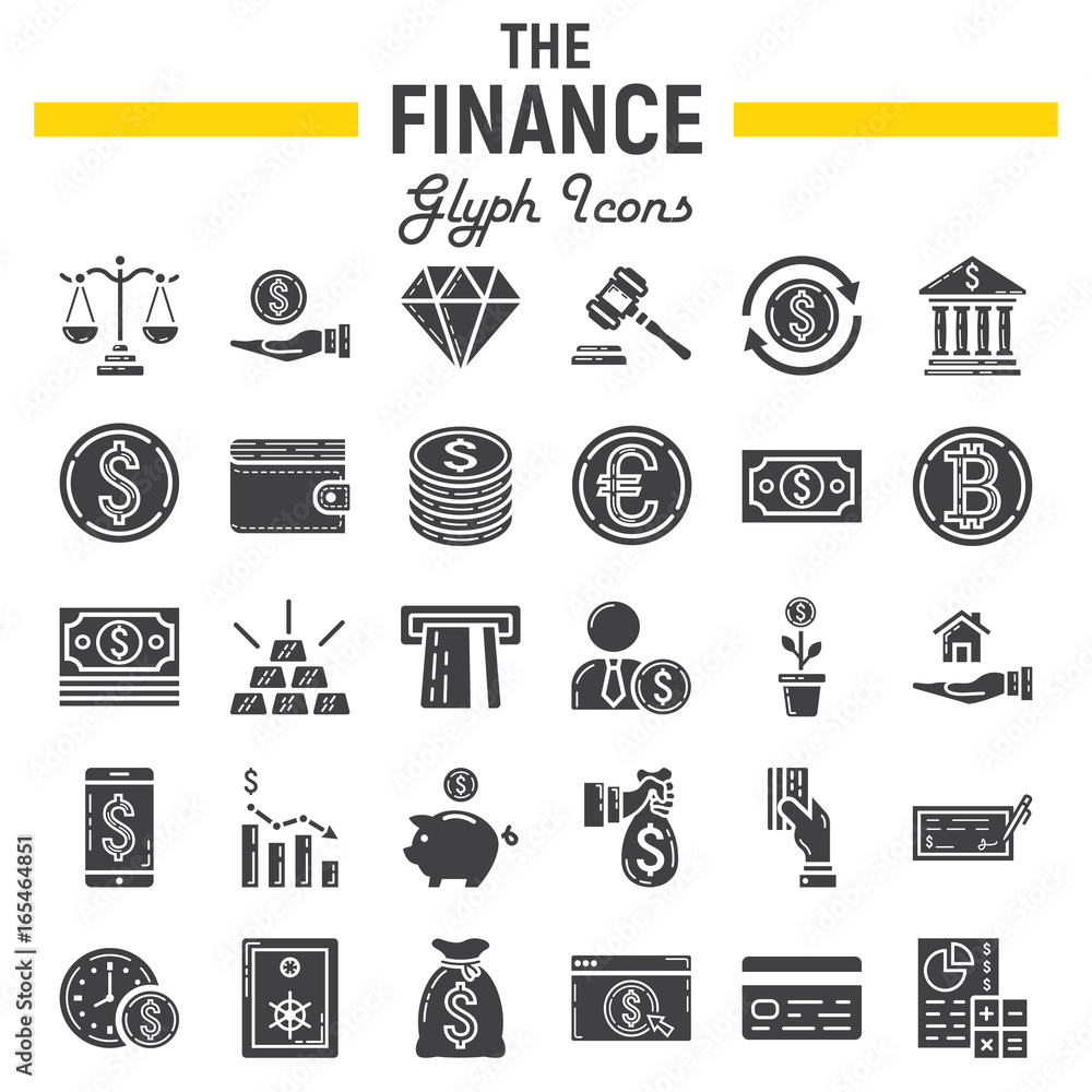 Finance glyph icon set, business symbols collection, marketing vector sketches, logo illustrations, business signs solid pictograms package isolated on white background, eps 10.