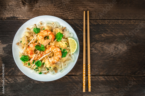 Shrimp Pad Thai closeup from above with copy space