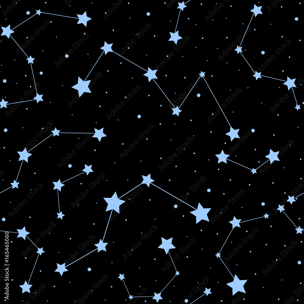 Fototapeta premium Beautiful cosmic space astronomy vector seamless pattern with stars and constellations on night starry sky. Decorative endless texture
