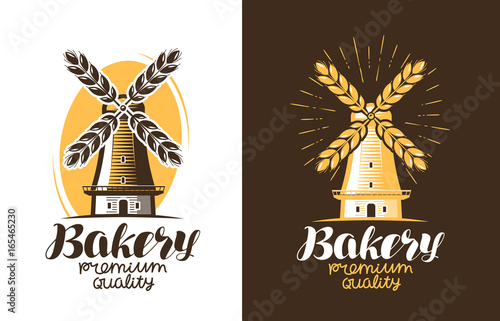 Bakery, bread logo or label. Farm, agriculture, windmill, mill icon. Vintage vector illustration