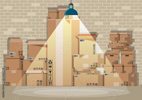 Pile cardboard boxes set in warehouse