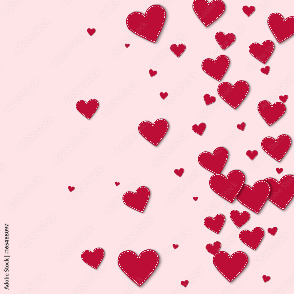 Red stitched paper hearts. Right gradient on light pink background. Vector illustration.