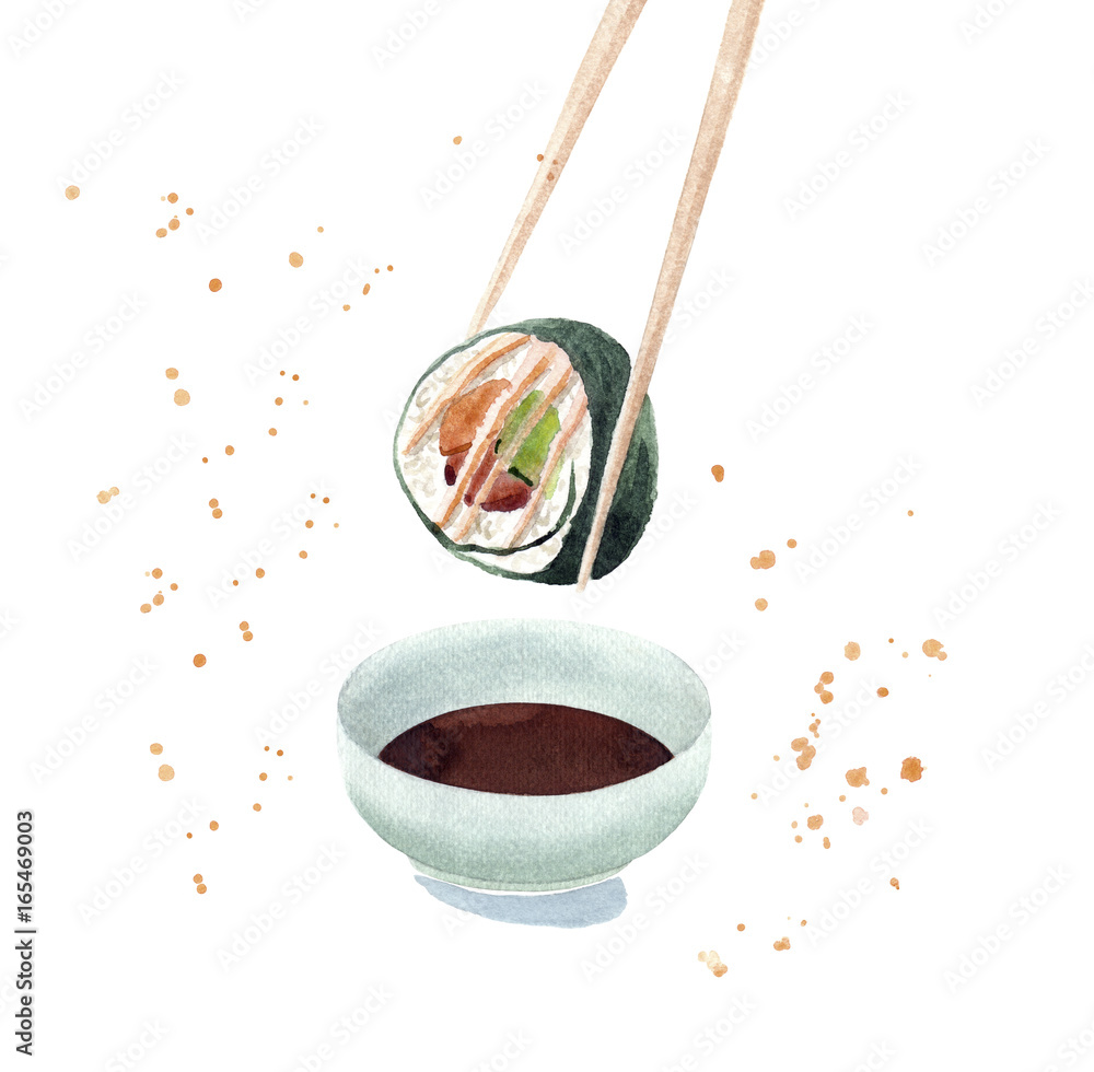 sushi roll dipping into the soy sauce, eating sushi illustration isolated sushi roll dipping into the soy sauce, eating sushi illustration isolated