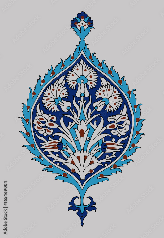 Iznik ethnic motif. Traditional Turkish floral blue ornament with irises. Element for your design.